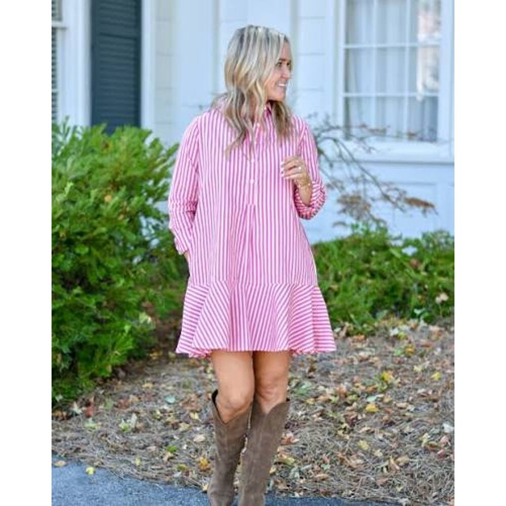 LIVRO Polly Shirt Dress Raspberry Pinstripe M NWT Coastal Preppy Boho Chic